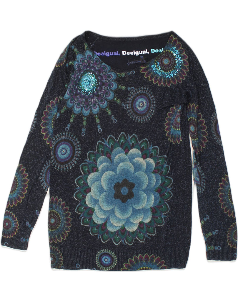 DESIGUAL Womens Boat Neck Jumper Sweater UK 12 Medium Navy Blue Floral | Vintage Desigual | Thrift | Second-Hand Desigual | Used Clothing | Messina Hembry 