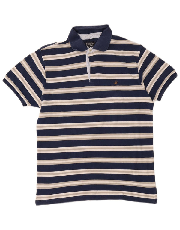 Brooksfield Mens Polo Shirt IT 52 Large Navy Blue Striped Cotton