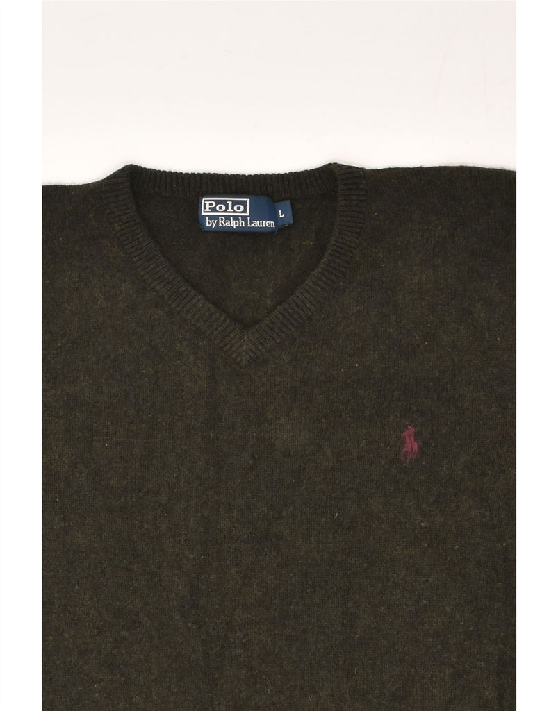 POLO RALPH LAUREN Mens V-Neck Jumper Sweater Large Khaki Wool | Vintage Polo Ralph Lauren | Thrift | Second-Hand Polo Ralph Lauren | Used Clothing | Messina Hembry 