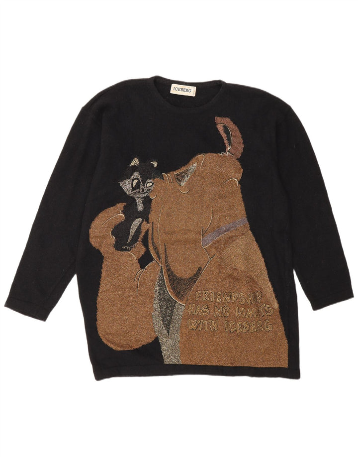 Iceberg Womens Graphic Crew Neck Jumper Sweater UK 16 Large Black Wool