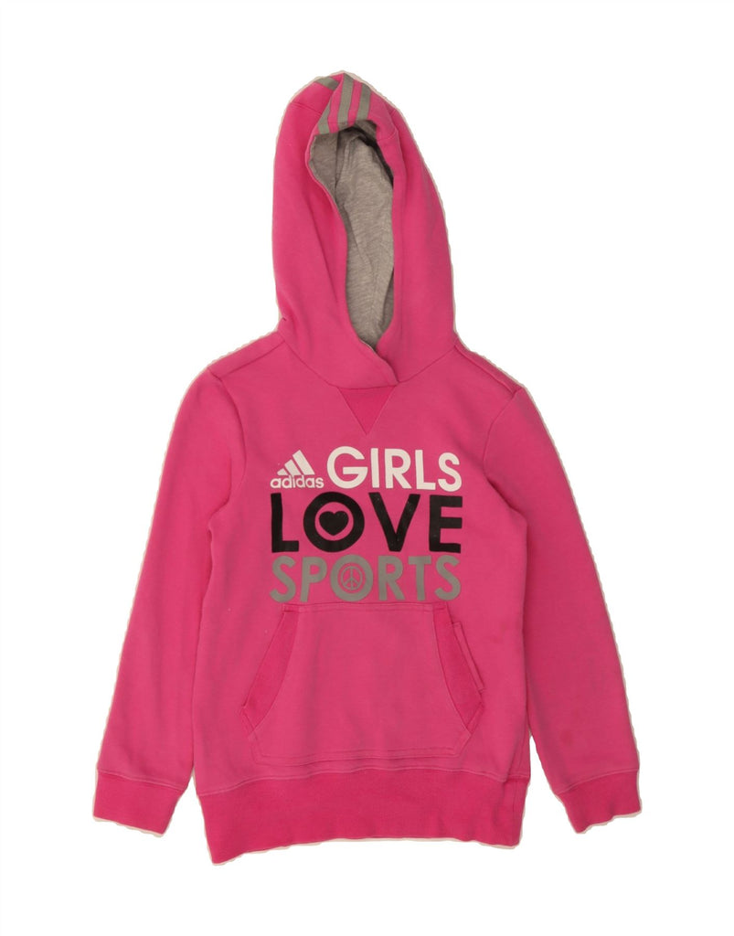 ADIDAS Girls Graphic Hoodie Jumper 7-8 Years Pink Cotton Vintage Adidas and Second-Hand Adidas from Messina Hembry 