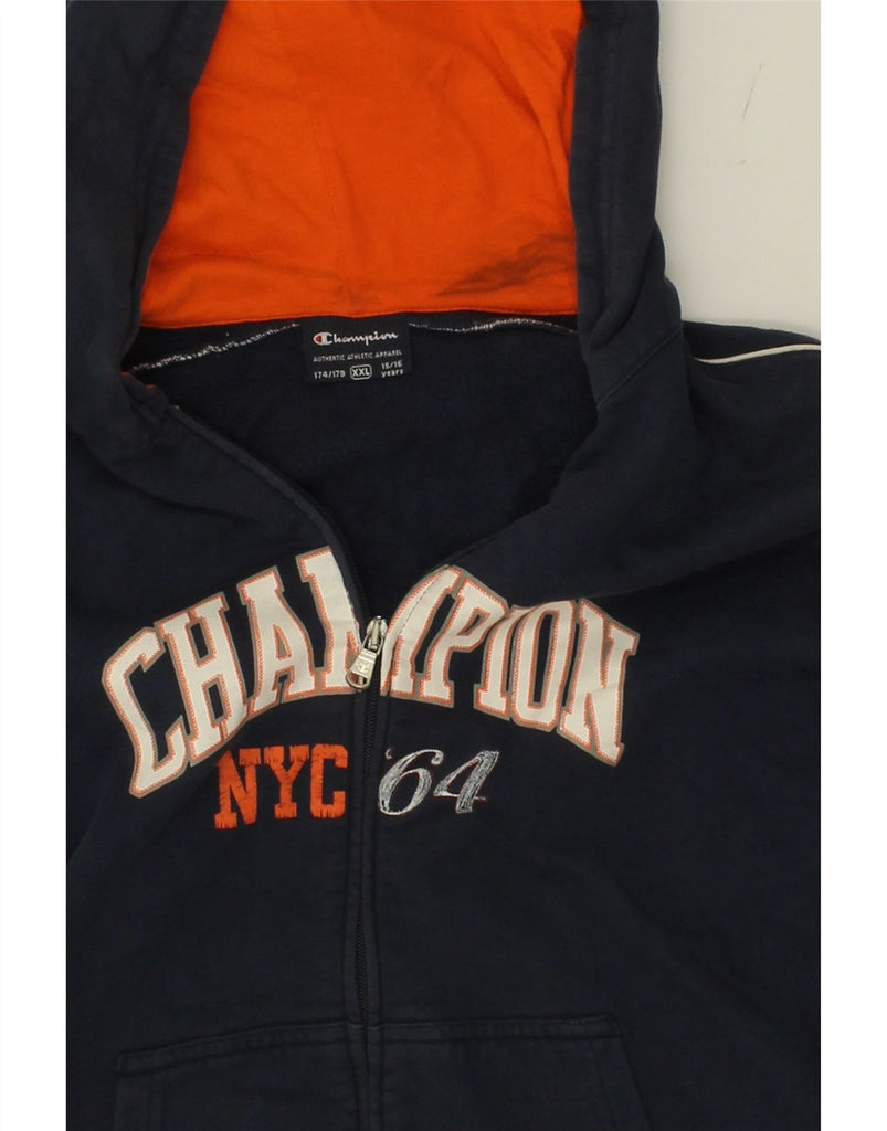 CHAMPION Boys Graphic Zip Hoodie Sweater 15-16 Years 2XL Navy Blue Cotton Vintage Champion and Second-Hand Champion from Messina Hembry 