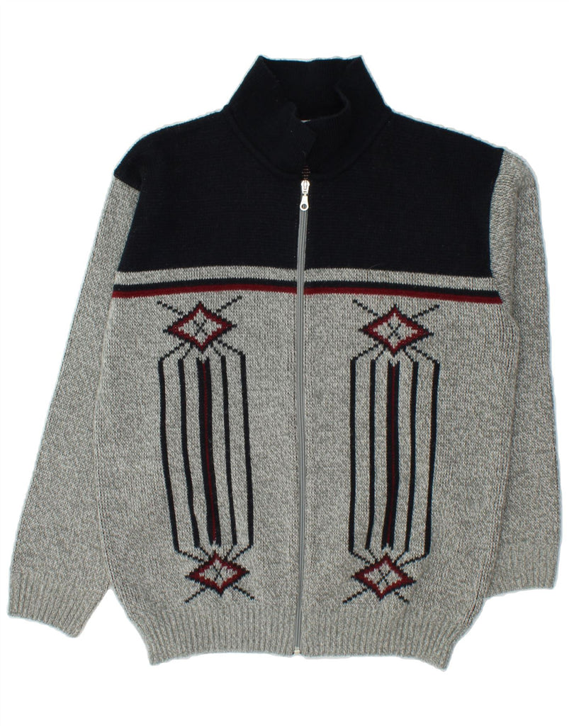 VINTAGE Mens Cardigan Sweater UK 40 Medium Grey Colourblock Polyacrylic | Vintage Vintage | Thrift | Second-Hand Vintage | Used Clothing | Messina Hembry 