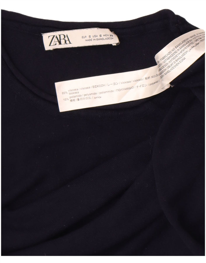 Zara Womens Crop Top Long Sleeve UK 8 Small Navy Blue Viscose