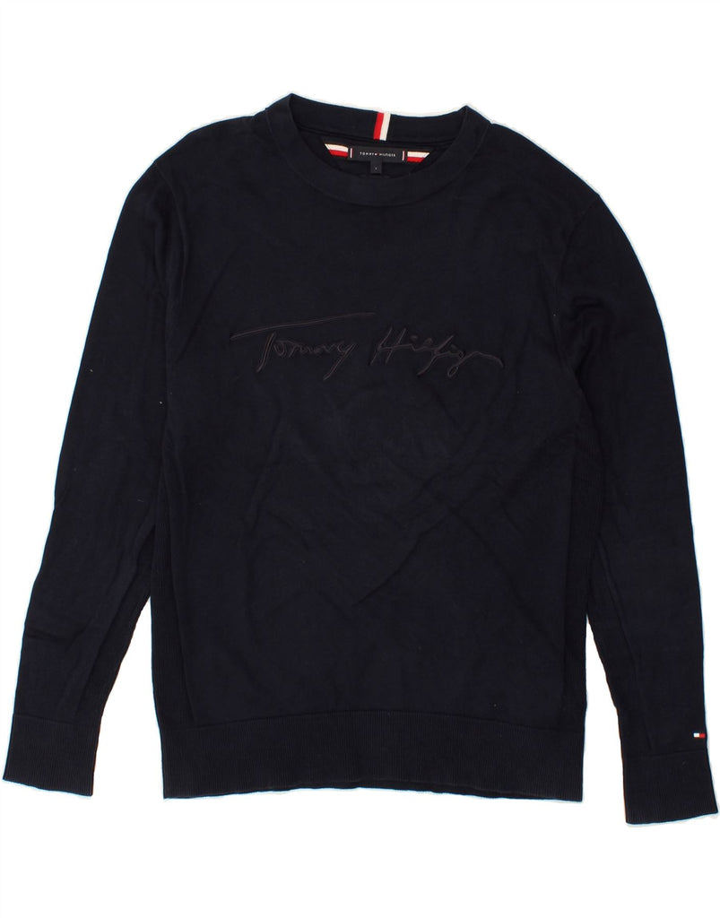 TOMMY HILFIGER Womens Graphic Sweatshirt Jumper UK 16 Large Navy Blue | Vintage Tommy Hilfiger | Thrift | Second-Hand Tommy Hilfiger | Used Clothing | Messina Hembry 