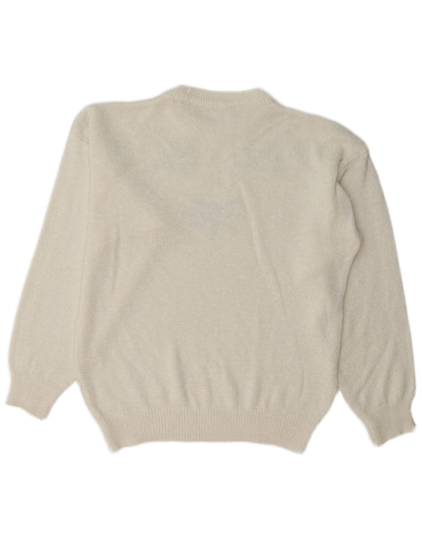 Vintage Womens Graphic Crew Neck Jumper Sweater UK 14 Large White Floral