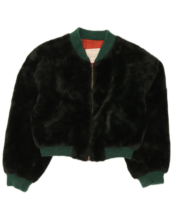 Benetton Womens Oversized Crop Faux Fur Bomber Jacket IT 44 Medium Black