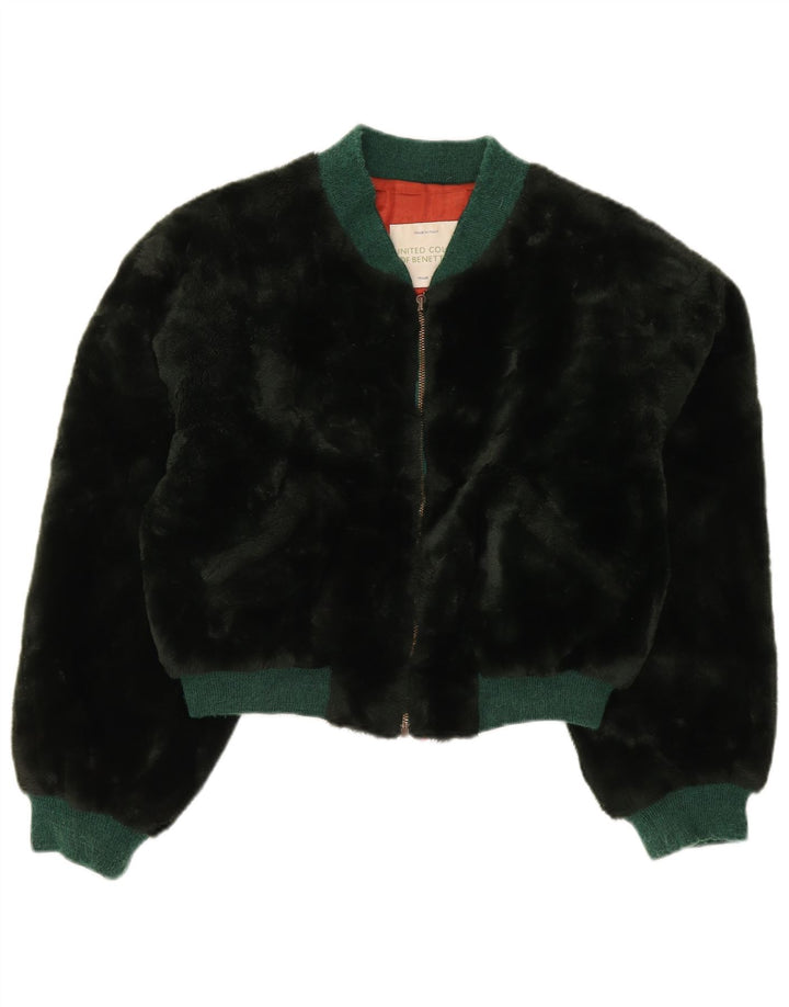 Benetton Womens Oversized Crop Faux Fur Bomber Jacket IT 44 Medium Black