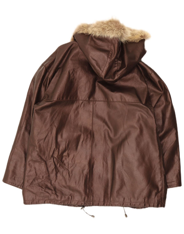 Vintage Womens Hooded Oversized Leather Jacket IT 48 XL Brown