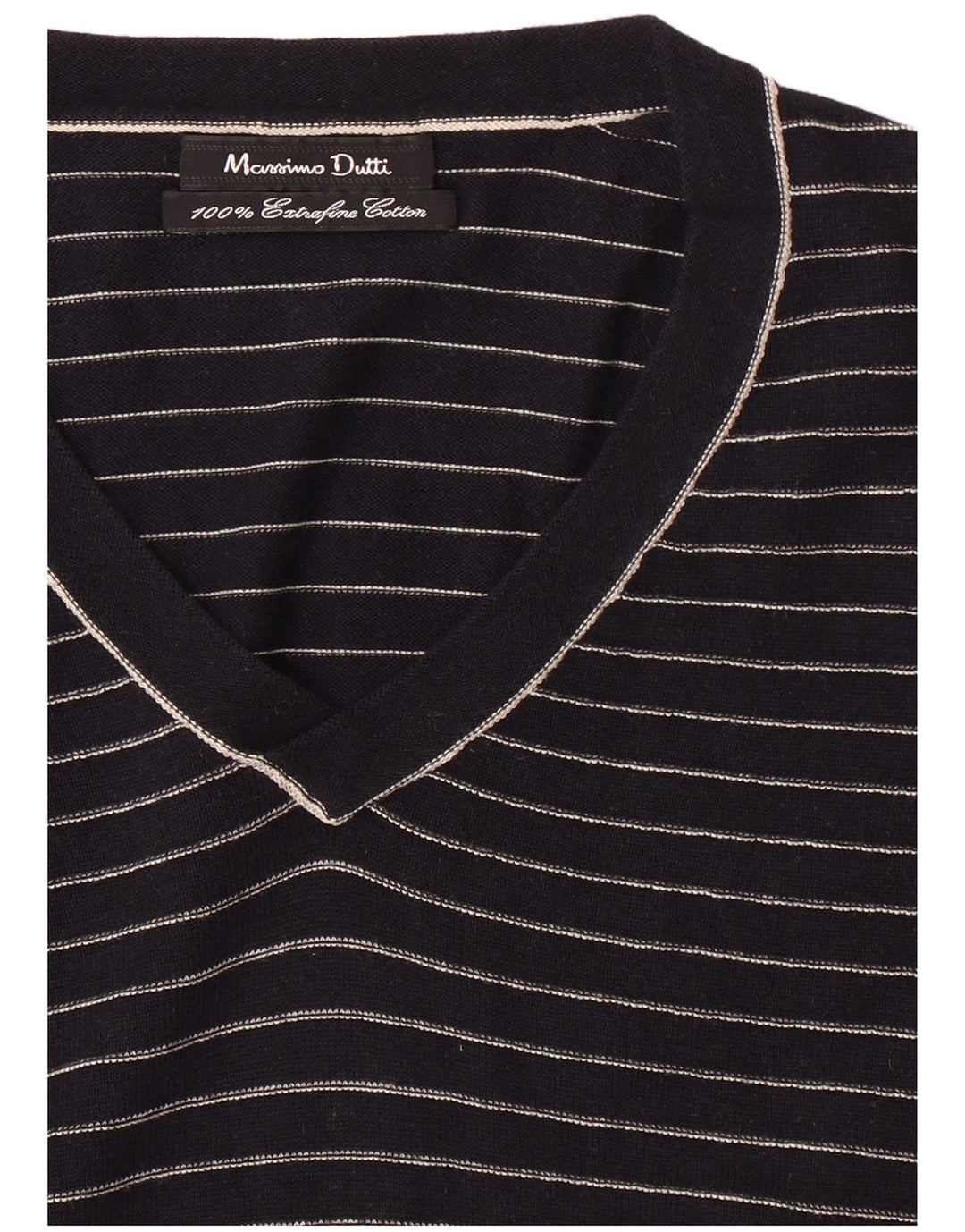 MASSIMO DUTTI Mens V-Neck Jumper Sweater Medium Navy Blue Striped Cotton