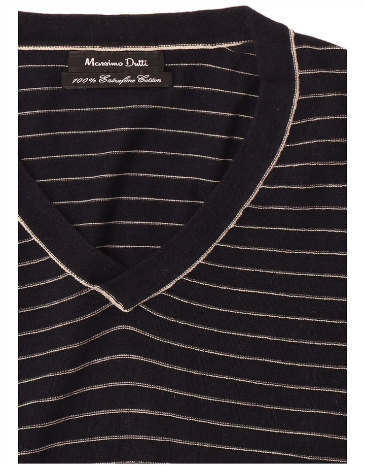 MASSIMO DUTTI Mens V-Neck Jumper Sweater Medium Navy Blue Striped Cotton