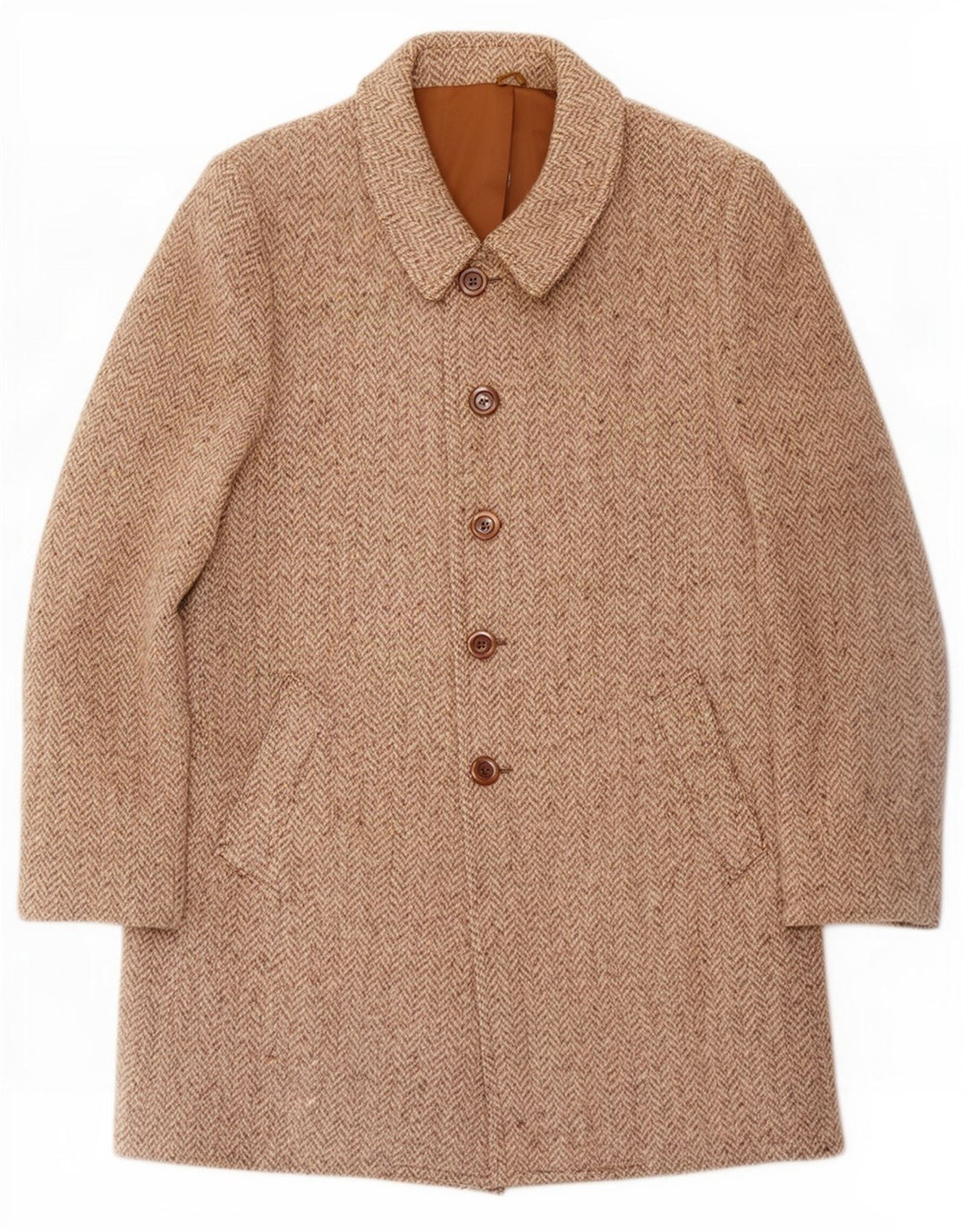 Vintage Mens Overcoat UK 36 Small Beige Herringbone