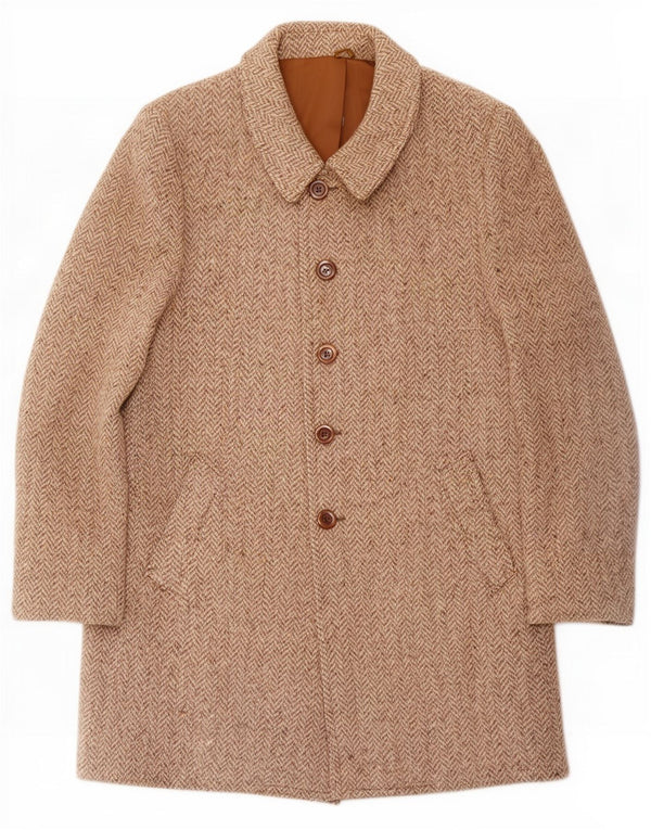 Vintage Mens Overcoat UK 36 Small Beige Herringbone