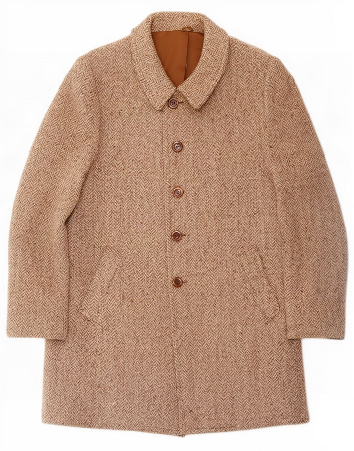 Vintage Mens Overcoat UK 36 Small Beige Herringbone