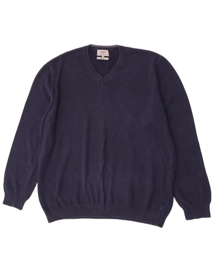 Marks & Spencer Mens V-Neck Jumper Sweater 2XL Navy Blue Cotton