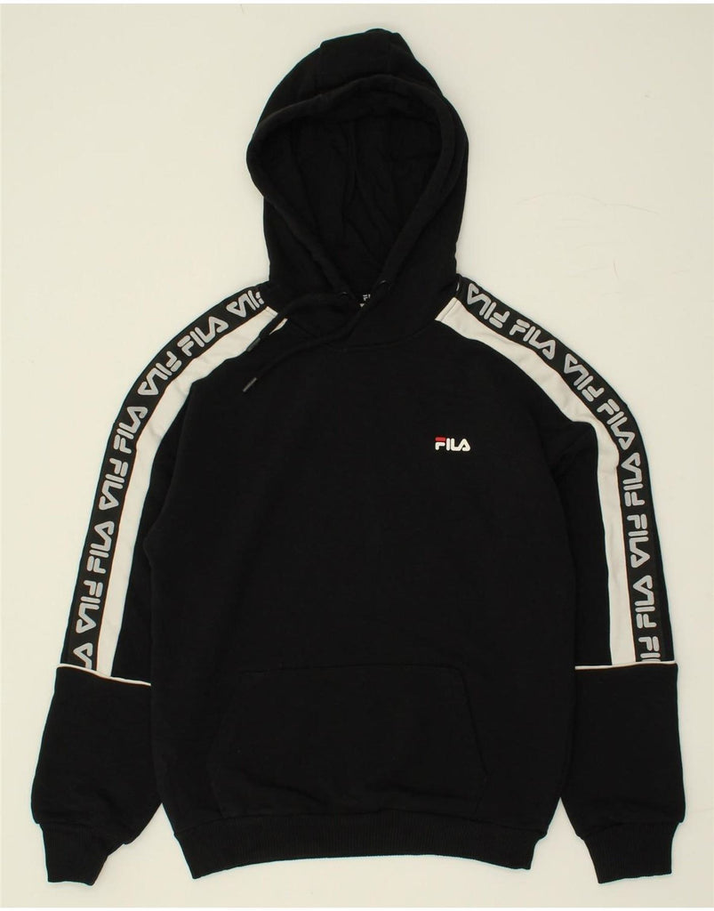 FILA Womens Graphic Hoodie Jumper UK 6 XS Black Colourblock | Vintage Fila | Thrift | Second-Hand Fila | Used Clothing | Messina Hembry 