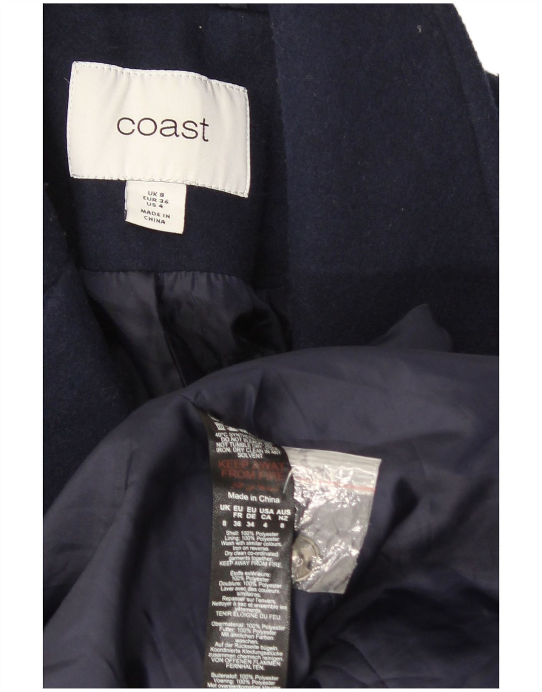 Coast Womens Overcoat UK 8 Small Navy Blue Polyester