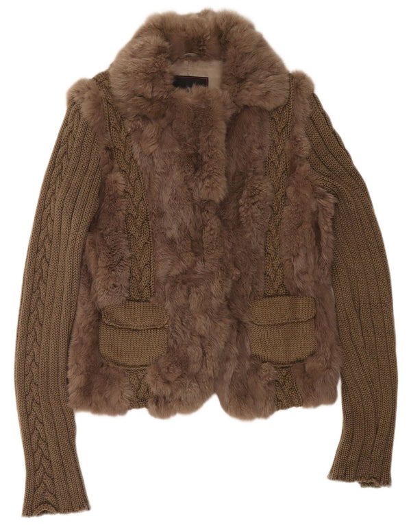 Compagnia Della Moda Womens Fur Jacket IT 48 XL Khaki Colourblock Rabbit