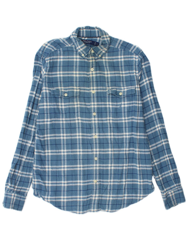 Nautica Mens Classic Fit Flannel Shirt Small Blue Plaid Cotton