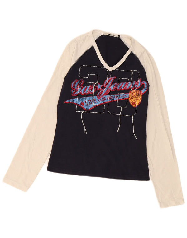 Gas Womens Graphic Top Long Sleeve UK 12 Medium Navy Blue Colourblock