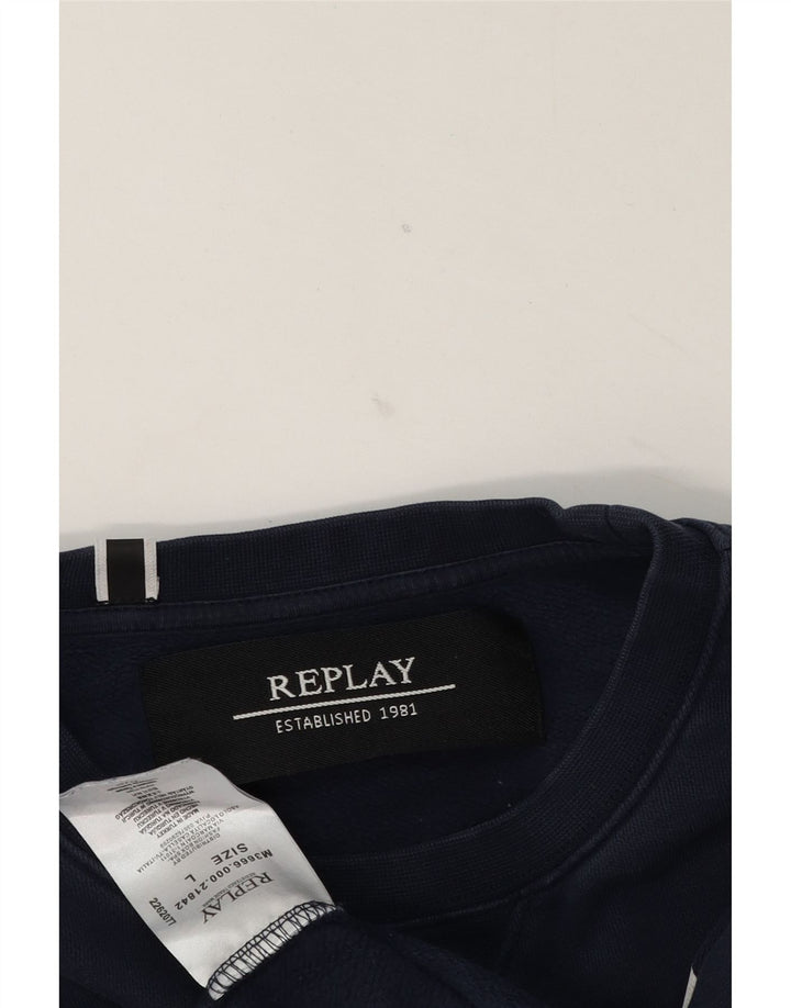 Replay Mens Graphic Sweatshirt Jumper Large Navy Blue Cotton