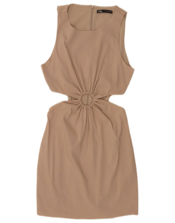 Zara Womens Sleeveless Cutout Bodycon Dress UK 8 Small Beige Cotton