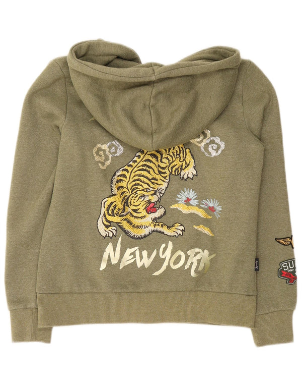 Superdry Womens Graphic Zip Hoodie Sweater UK 10 Small Khaki Cotton