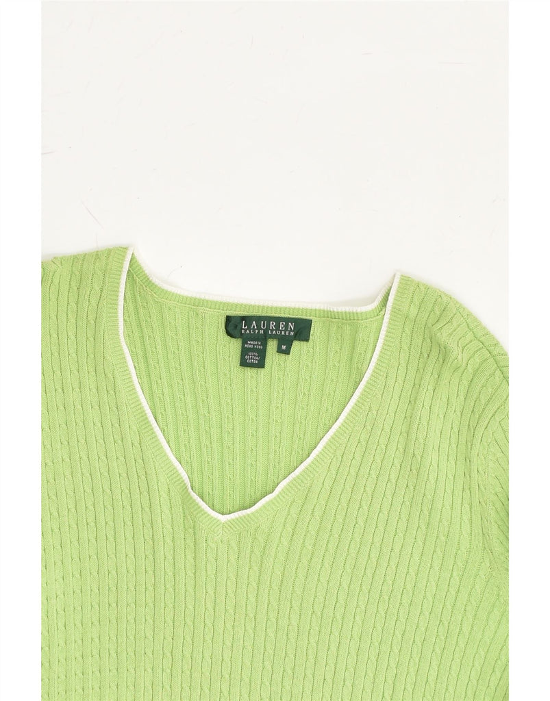 RALPH LAUREN Womens V-Neck Jumper Sweater UK 12 Medium Green Cotton | Vintage Ralph Lauren | Thrift | Second-Hand Ralph Lauren | Used Clothing | Messina Hembry 