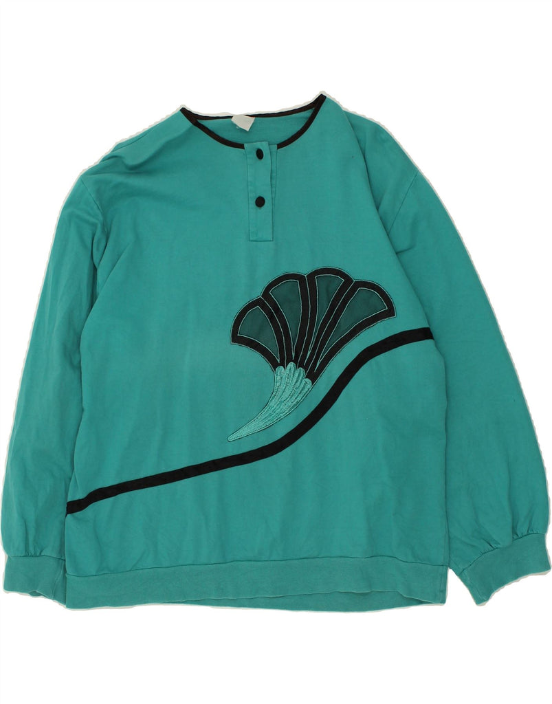 VINTAGE Womens Graphic Sweatshirt Jumper UK 16 Large Turquoise Vintage Vintage and Second-Hand Vintage from Messina Hembry 