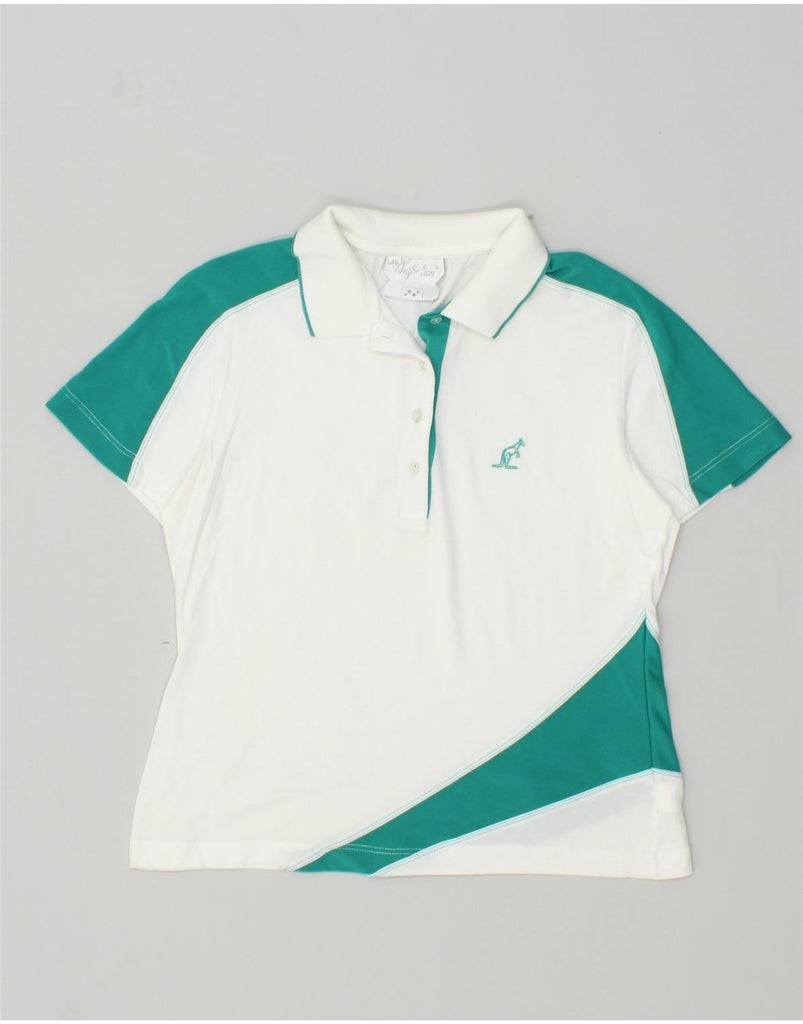 AUSTRALIAN L'ALPINA Womens Graphic Polo Shirt IT 46 Large White | Vintage AUSTRALIAN L'ALPINA | Thrift | Second-Hand AUSTRALIAN L'ALPINA | Used Clothing | Messina Hembry 