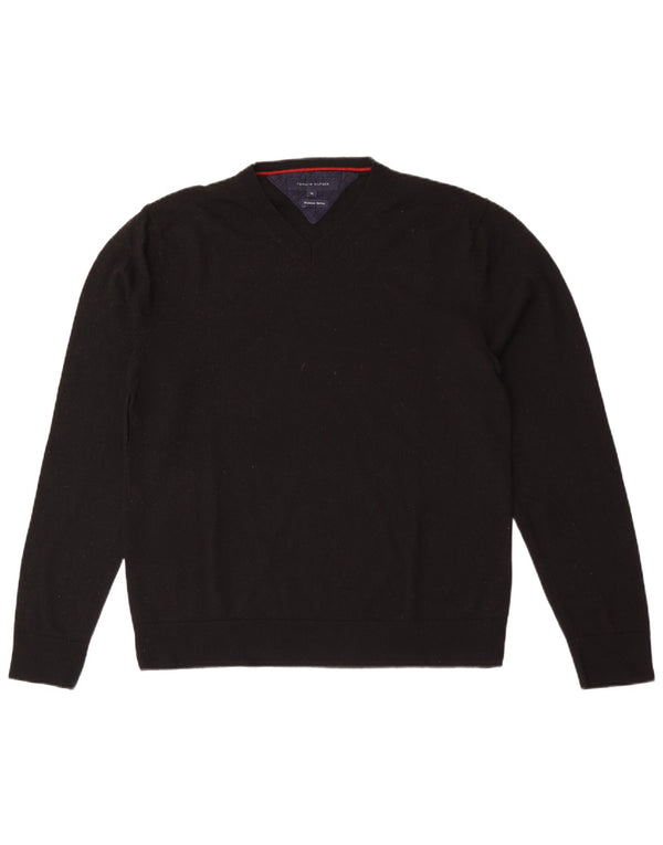 Tommy Hilfiger Mens V-Neck Jumper Sweater XL Black Wool