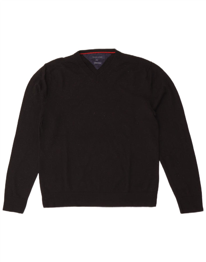 Tommy Hilfiger Mens V-Neck Jumper Sweater XL Black Wool