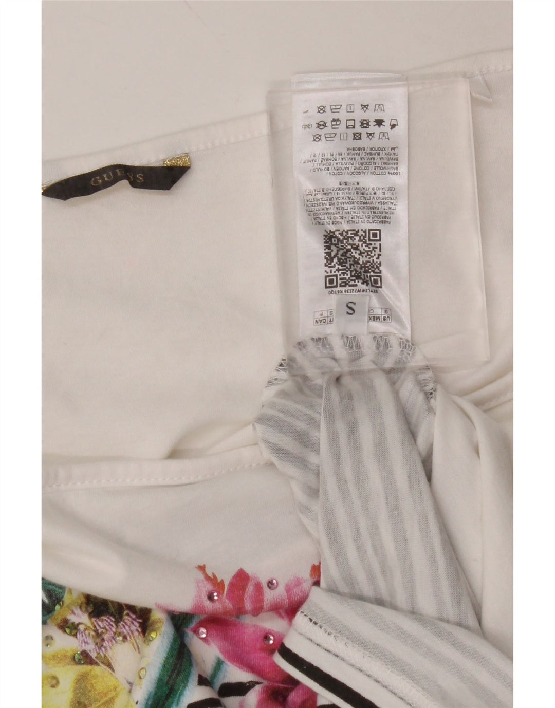 GUESS Womens Crop Off Shoulder T-Shirt Top UK 10 Small White Floral Cotton