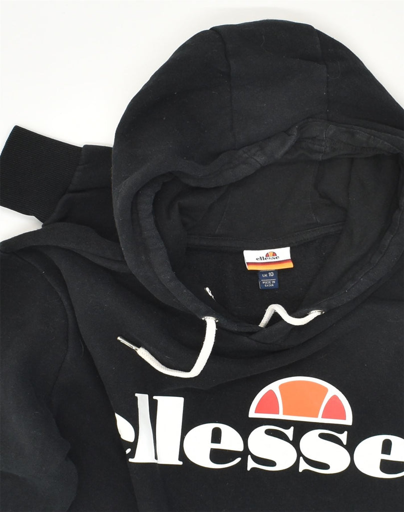 ELLESSE Womens Graphic Hoodie Jumper UK 10 Small Black Cotton | Vintage Ellesse | Thrift | Second-Hand Ellesse | Used Clothing | Messina Hembry 