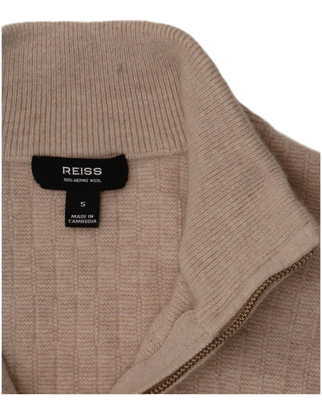 Reiss Mens Zip Neck Jumper Sweater Small Beige Merino Wool