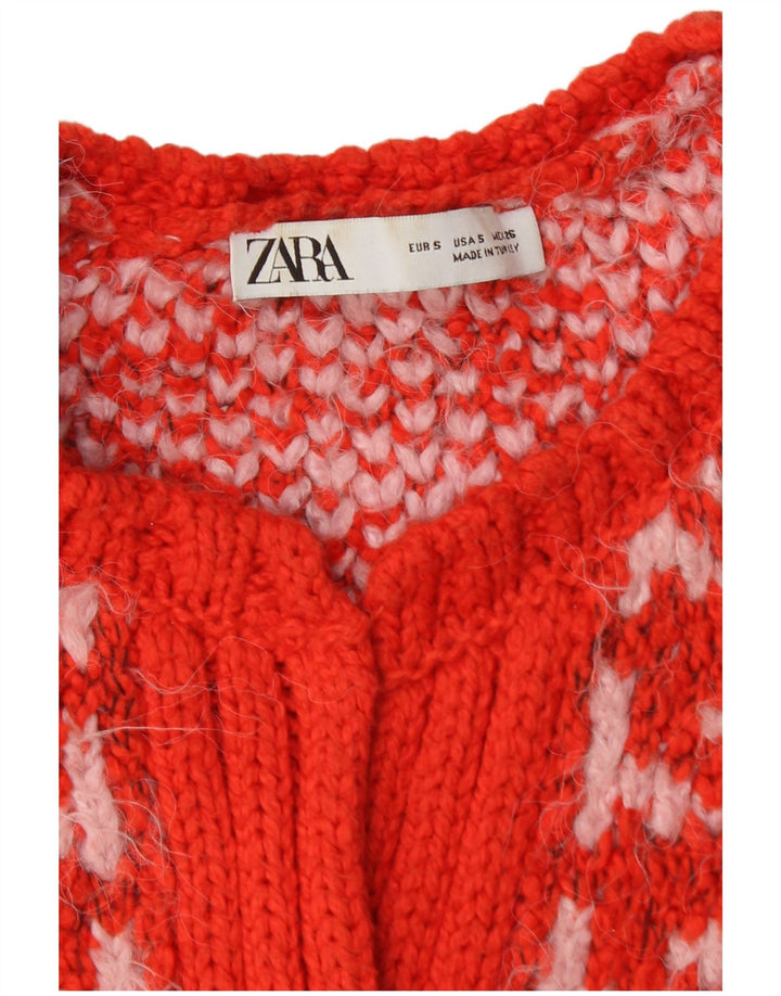 Zara Womens Crop Oversized Cardigan Sweater UK 10 Small Red Houndstooth