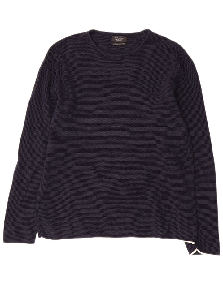 Zara Mens Crew Neck Jumper Sweater Large Navy Blue Cotton