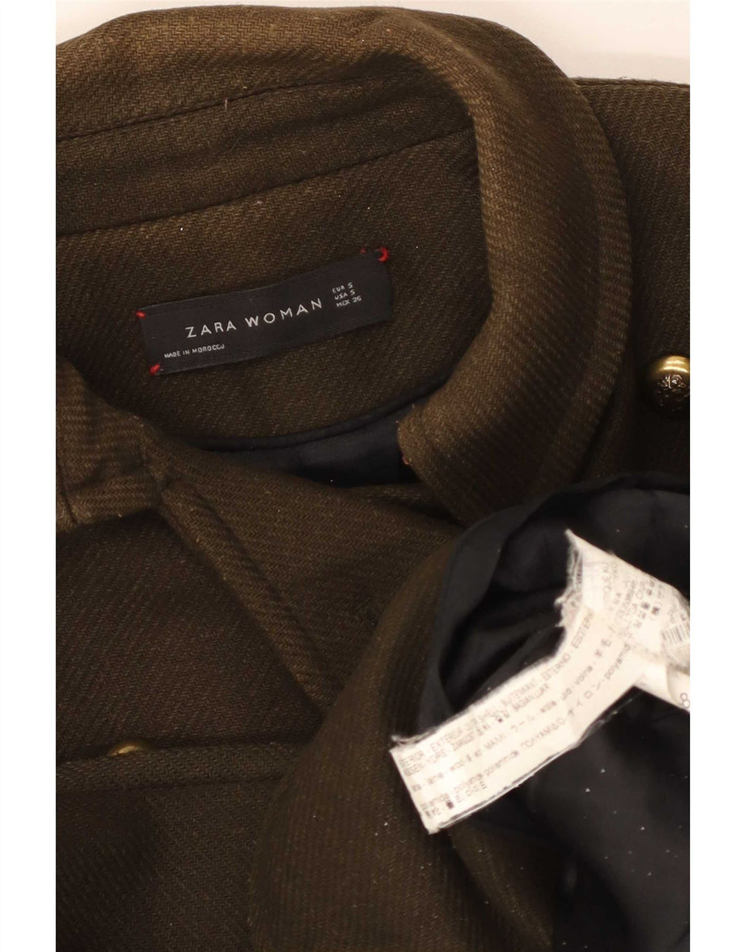 Zara Womens Pea Coat UK 10 Small Khaki Wool