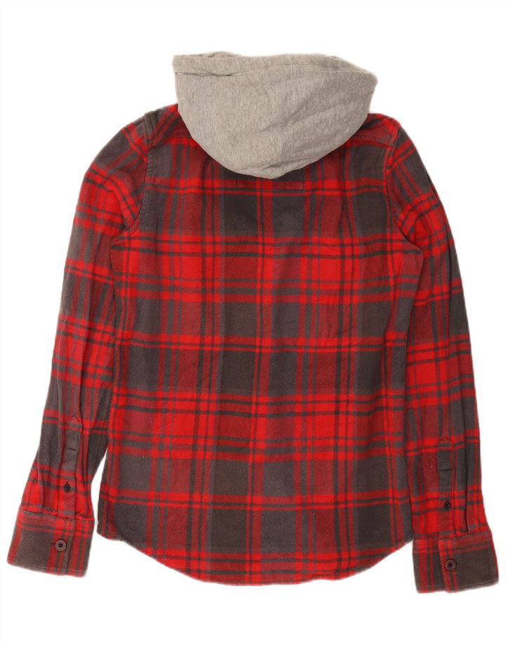 SUPERDRY Mens Hooded Flannel Shirt Small Red Plaid Cotton