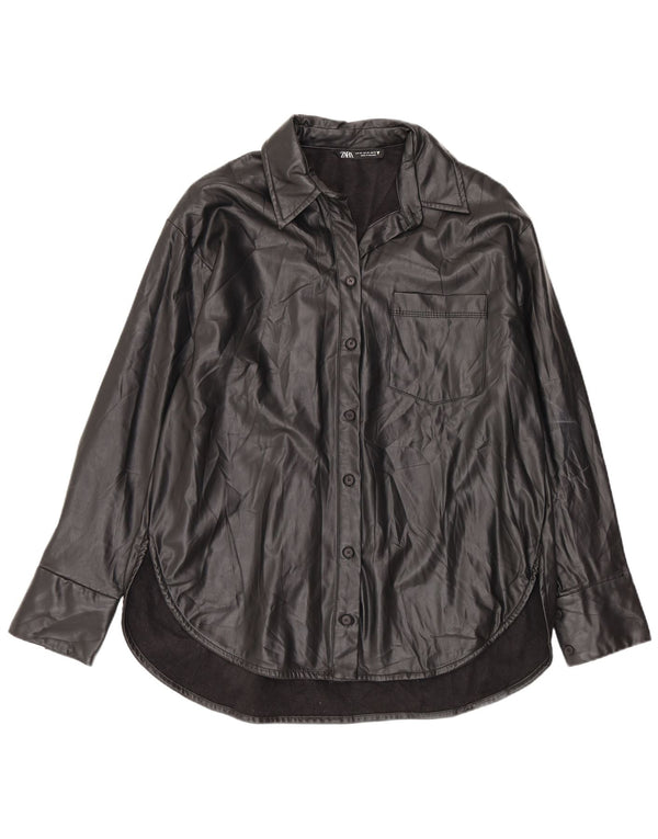 Zara Womens Oversized Faux Leather Shirt UK 4 XS Black