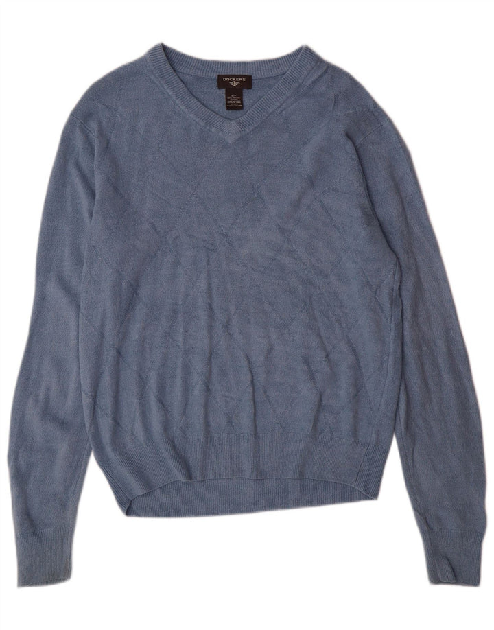 Dockers Mens V-Neck Jumper Sweater Small Blue Argyle/Diamond Acrylic