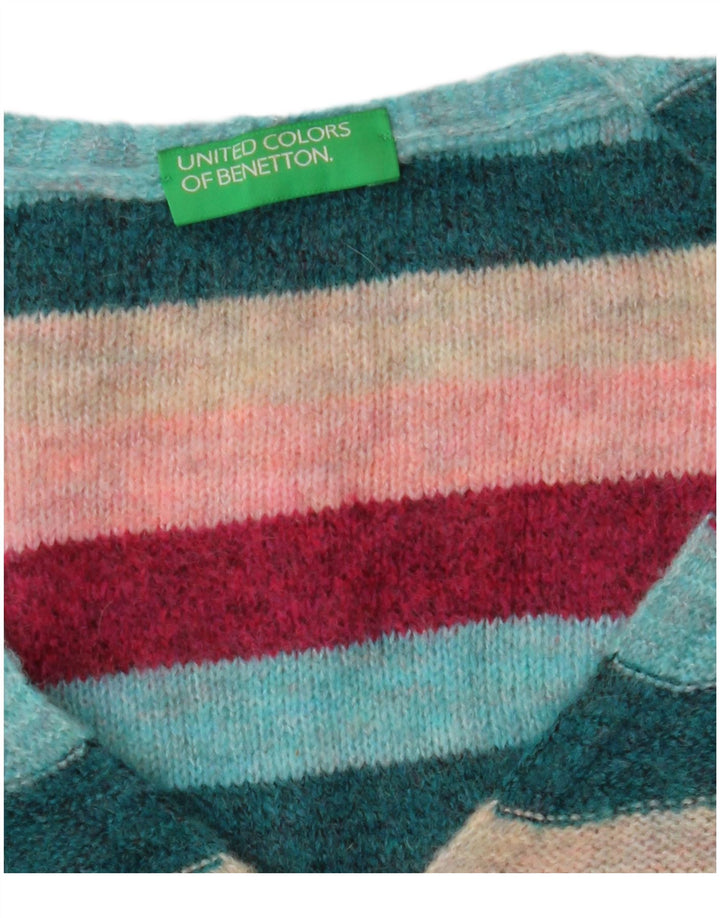 BENETTON Womens V-Neck Jumper Sweater UK 16 Large Multicoloured Striped