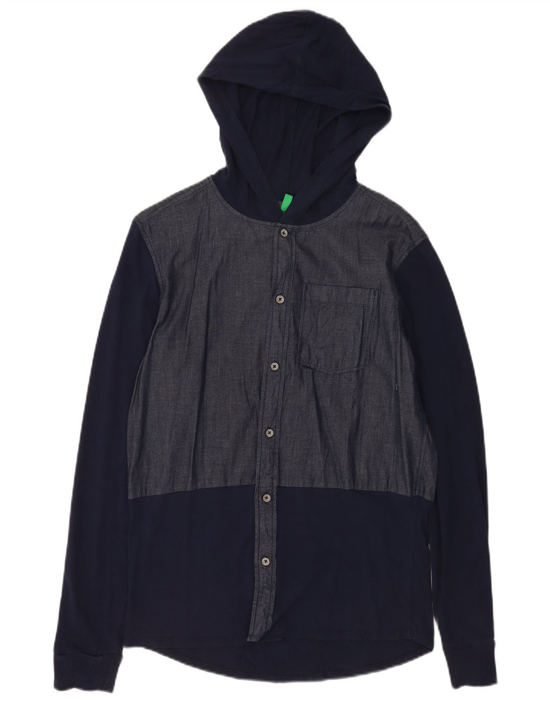 Benetton Mens Hooded Shirt Small Navy Blue Colourblock