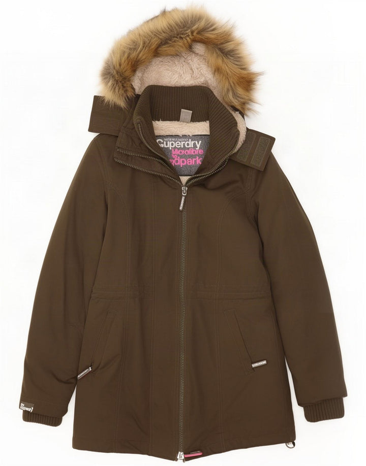 Superdry Womens Hooded Parka Jacket UK 14 Medium Khaki Polyester