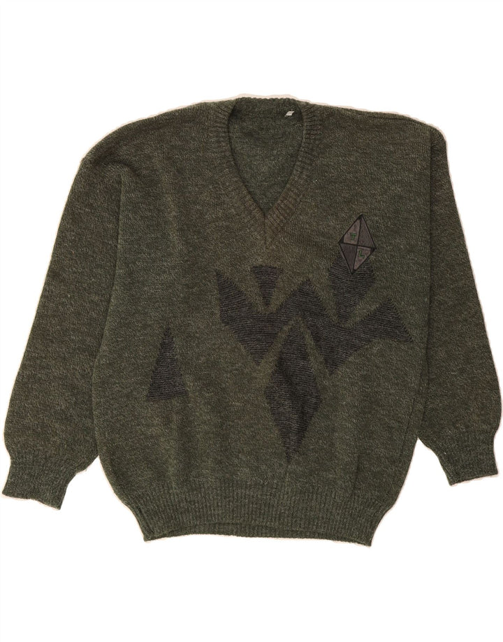 VINTAGE Mens V-Neck Jumper Sweater IT 52 Large Green Geometric Wool Vintage Vintage and Second-Hand Vintage from Messina Hembry 