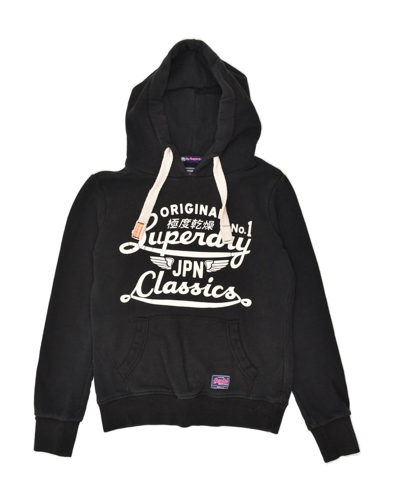 SUPERDRY Womens Graphic Hoodie Jumper UK 6 XS Black Cotton | Vintage Superdry | Thrift | Second-Hand Superdry | Used Clothing | Messina Hembry 