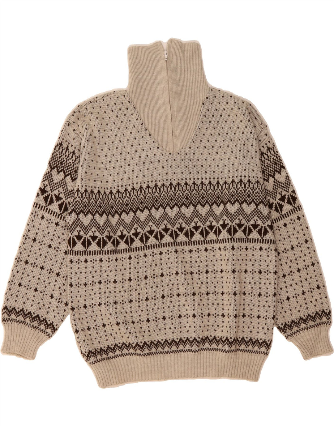 VINTAGE Mens Zip Neck Jumper Sweater IT 48/50 Medium Beige Fair Isle Vintage Vintage and Second-Hand Vintage from Messina Hembry 