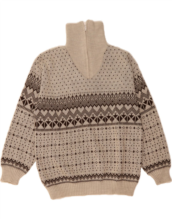 VINTAGE Mens Zip Neck Jumper Sweater IT 48/50 Medium Beige Fair Isle Vintage Vintage and Second-Hand Vintage from Messina Hembry 