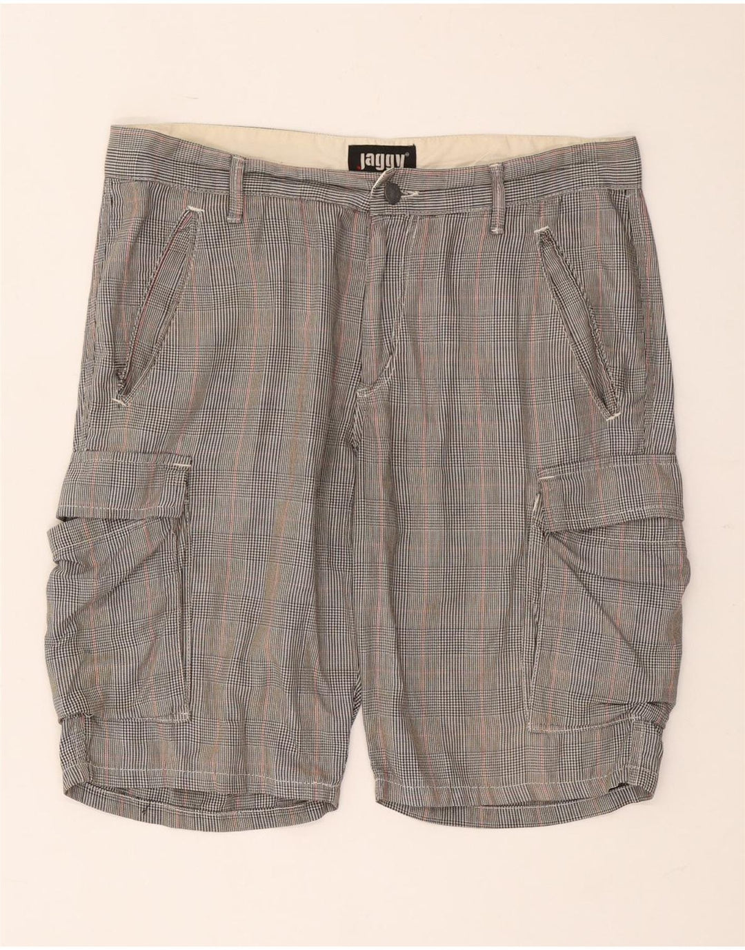 Jaggy Mens Cargo Shorts W33 Medium Grey Houndstooth Cotton