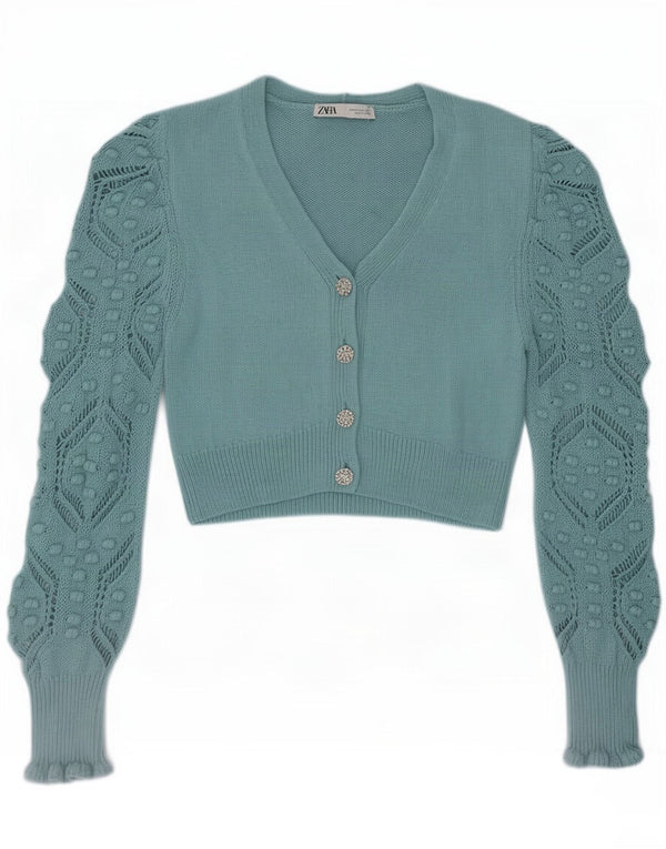 Zara Womens Crop Cardigan Sweater UK 12 Medium Turquoise